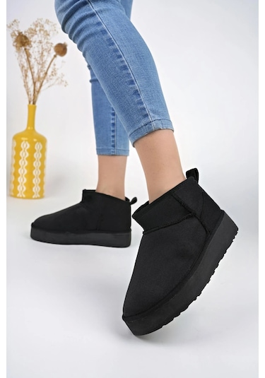 Muggo Hug Kalın Taban İçi Tüylü Günlük Mini Yarım Kadın Bot - Siyah