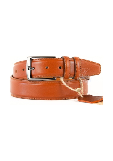 Hakiki Deri Erkek Kemer 3,5cm Dikişli Taba Klasik Kumaş Pantolon Taba