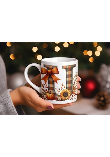 U Harfi Ekose Ve Sonbahar Temalı Kupa Bardak - Kişiye Özel Sıcak Tonlar Alfabe Kupa - Hediye Beyaz