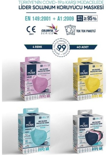 Musk Ffp2 Maske 40 Adet (Lila,Sarı,Turkuaz,Mix)