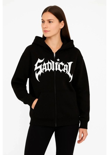 Kadın Oversize Kapüşonlu Sweatshirt Hoodie 3 İplik Şardonlu Pamuklu Kumaş, Önü Baskılı, Fermuarlı R Siyah