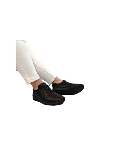 Voyager Z094 Siyah Hakiki Deri Lazer İşlemeli Bayan Ayakkabı Siyah