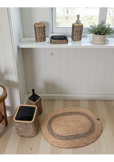 Doğal Dokulu Hasır Görünümlü 6 Parça Banyo Takımı Zarif Ve Modern Siyah