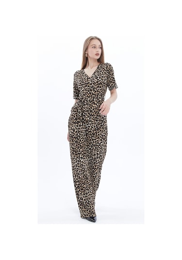 Kadın Krep Beli Kemerli Ve Fermuarlı Tulum-leopar Leopar