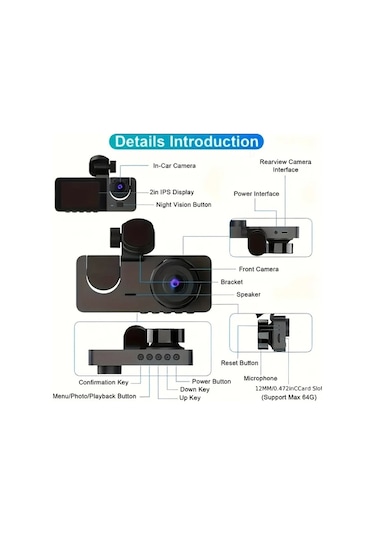 Xuweiwei Dash Cam 2k 4k 8k 3 Kanallı On Ve Arka Görüş Upgrade 4k With 32g 32gb Sd Kart Gece Görüşü
