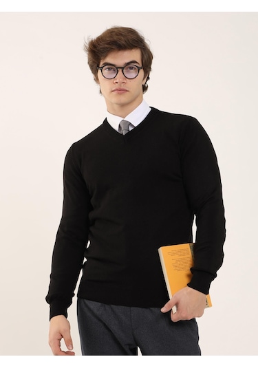 Dufy Siyah Erkek Slim Fit V Yaka Triko - 91127 Siyah