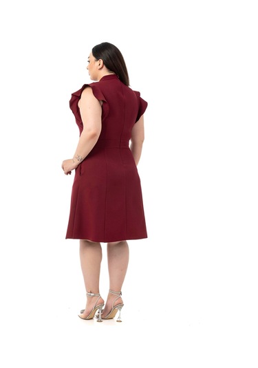 Büyük Beden Yakası Fularlı Kolları Volanlı Midi Bordo Elbise Bordo