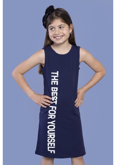 Toontoy Kız Çocuk İnci Detaylı Baskılı Elbise Lacivert