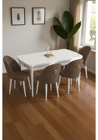 Mura Beyaz 80x132 Açılabilir Mdf Masa Yemek Odası Takımı, Mutfak Takımı 4 Adet Sandalye Kahverengi