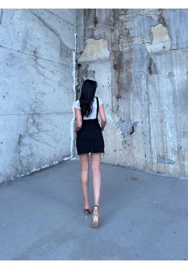 Shevega Kadın Siyah Ucu Kesik Kanguru Cep Etekli Bahçivan Kot Tulum Siyah