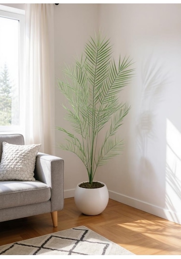 Yapay Ağaç 20 Yaprak Palmiye Ağacı Beyaz Küre Saksıda 130 60cm
