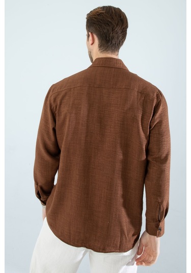 Rahat Kesim Keten Dokulu Gömlek Koyu Kahve