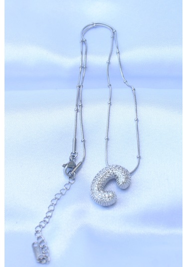 Forwhat Zarif Kadın İçin Silver Çelik Zincirli Zirkonlu C Harf Stil Baloncuk Kolye Metalik