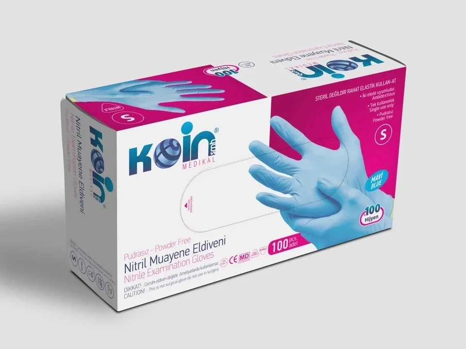Koin Medikal Mavi Nitril Eldiven Pudrasız, Tek Kullanımlık, Muayene Eldiveni 100 Lü Kutu
