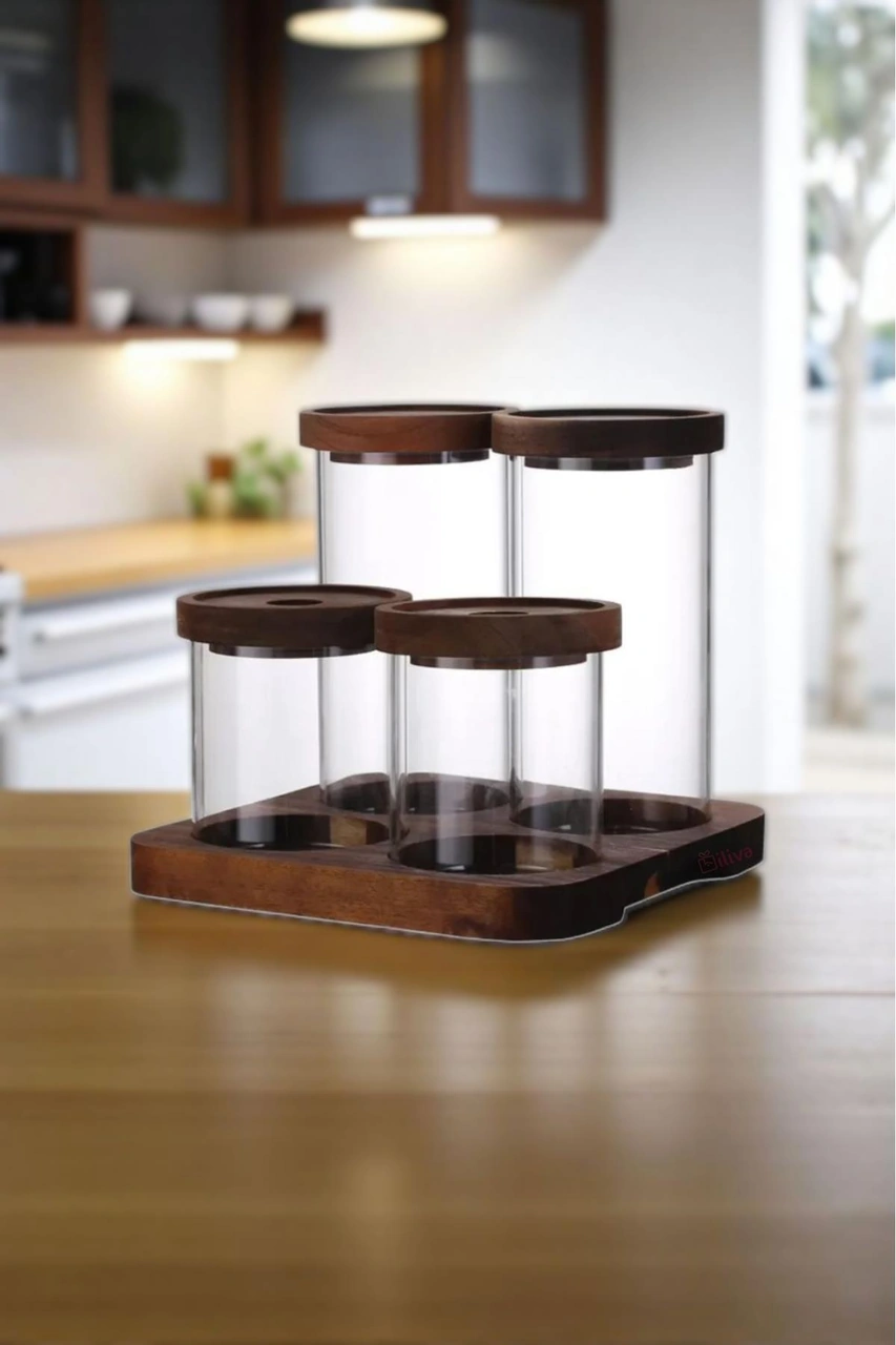 Vakum Kapaklı Cam Kavanoz Seti-akasya Standlı 4'lü Mutfak Organizeri Baharatlık Şeffaf