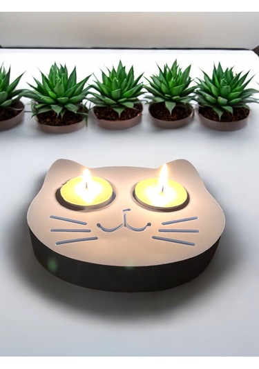 Mavi Kedi Şekilli Beton Mumluk - El Yapımı Dekoratif Çay Işığı Tealight Mumluk - Minimalist Kedi Tem Mavi