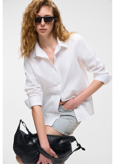 DELFINO Kadın Oversize %100 Organik Pamuk Uzun Kollu İnce Uzun Beyaz Gömlek