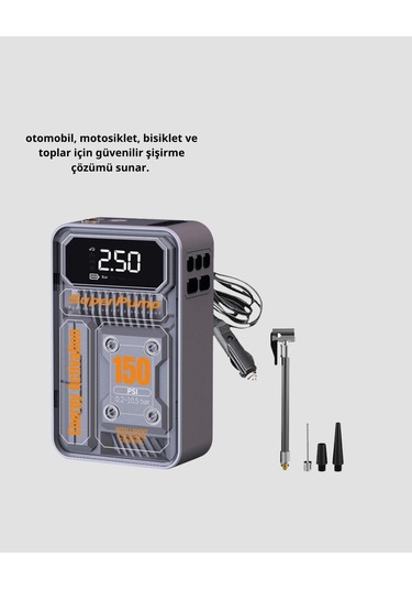 Taşınabilir Kablosuz Hava Pompası 150 Psı Güçlü Basınç Ve 6000mah Şarjlı