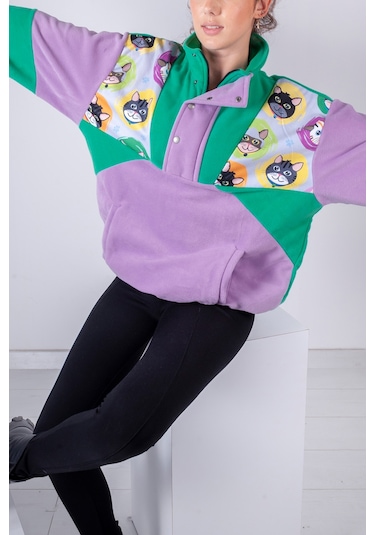 Kadın Erkek Kedi Desenli Yarım Fermuarlı Polar Sweatshirt