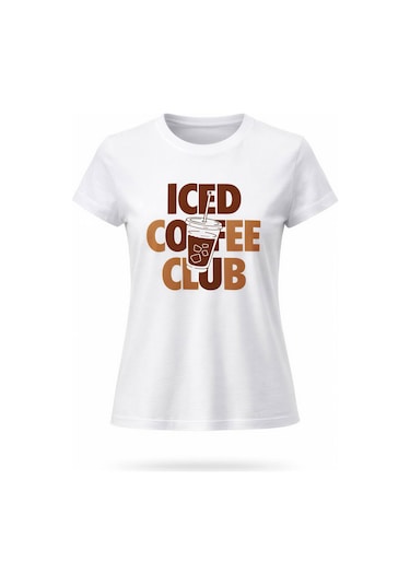 Kadın Beyaz Iced Coffee Baskılı Pamuklu Tişört Beyaz