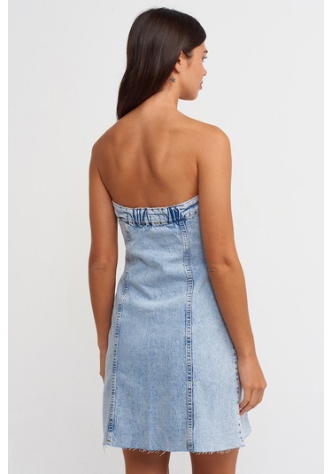 Dilvin 90524 Eteği Dikişsiz Kloş Denim Elbise-Mavi