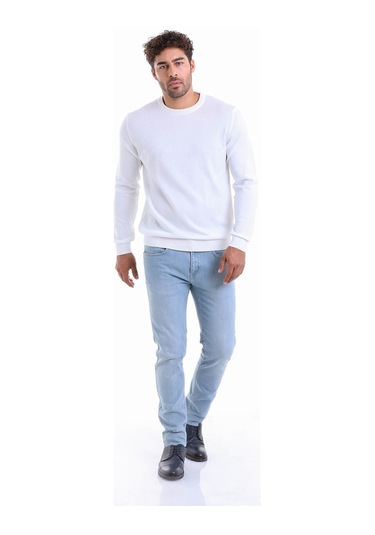 Hatemoğlu Erkek Regular Fit Pamuk Bisiklet Yaka Triko Kazak Ekru