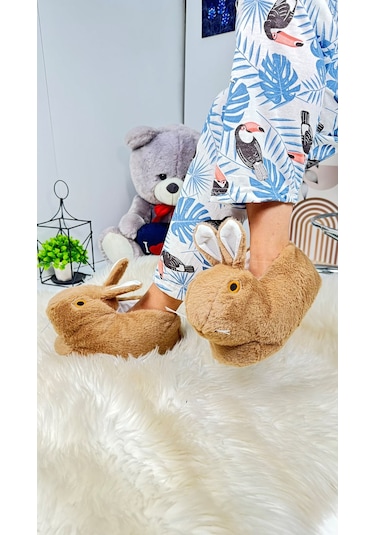 Kadın Panduf Tavşan Figürlü Peluş Ev Botu Desenli Düz Taban Rahat Hafif 359 Kahve