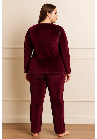 Kadın 13213 Büyük Beden Kadife Pijama Takımı Mürdüm MÜRDÜM