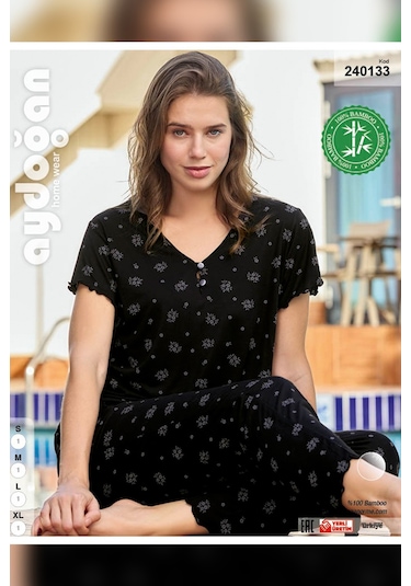 Aydoğan Kadın Mısra Bambu Kısa Kol Siyah Pijama Takım 0133 Siyah