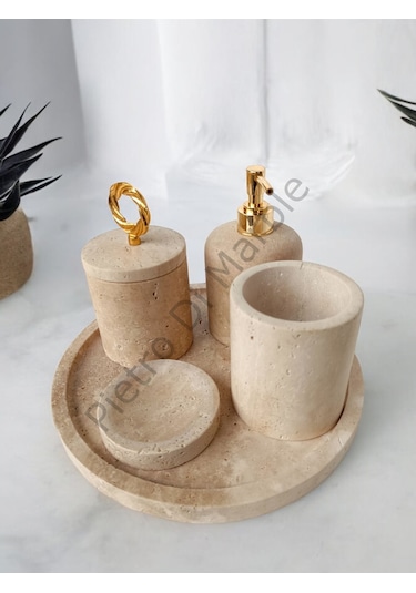 Sarı Traverten Klasik Model 5 Parça Gold Renk Halka Aksesuarlı Banyo Seti Sarı Traverten