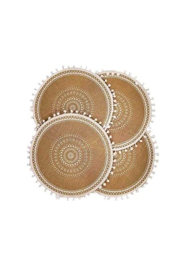 Ulzyvf Yuvarlak Top Seti Servis Örtüleri Masa Kahverengi&beyaz Jüt Dokuma Boho Beyaz Amerikan 4'lü, Tq Kahverengi - beyaz