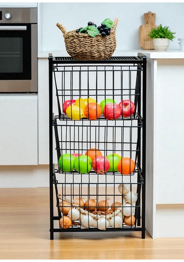 Dekoratif Siyah Metal Sebzelik 3 Raflı Tel Sepetli Çok Amaçlı Stand Siyah