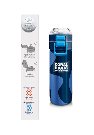 Coral High 500 Ml Lacivert Mavi Desenli - Erkek Çocuk Paslanmaz Çelik Okul Termosu/suluk/matara Çok Renkli