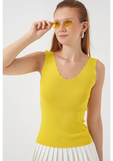 Kadın Zikzaklı V Yaka Bluz 15930 - Sarı Sari