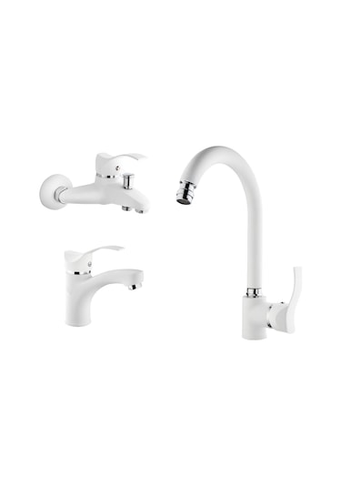 Gms Akdeniz Lavabo + Banyo + Eviye Batarya Set Beyaz - Krom Beyaz