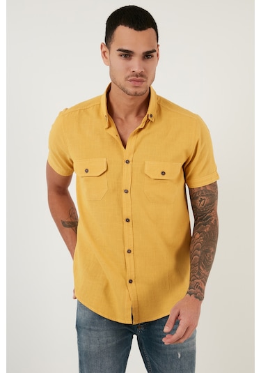 Buratti Düğmeli Yaka Pamuklu Slim Fit Cepli Erkek Gömlek Cf21S111153 Hardal
