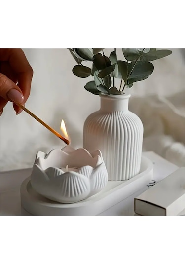 Dekoratif Tabak Lotus Mumluk Vazo 3 Lü Dekor Set Yılbaşı Özel