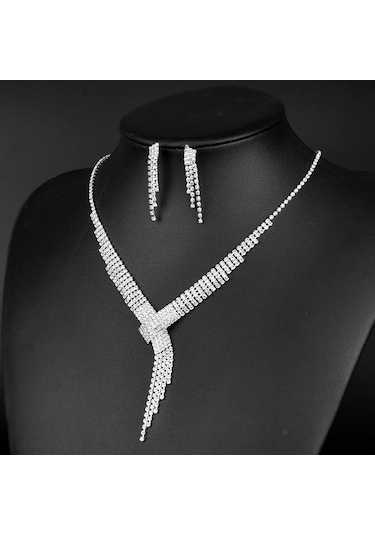 Chavin Düğün Nişan Kına Zirkon Taşlı Bayan Kolye Küpe Set es08 Beyaz