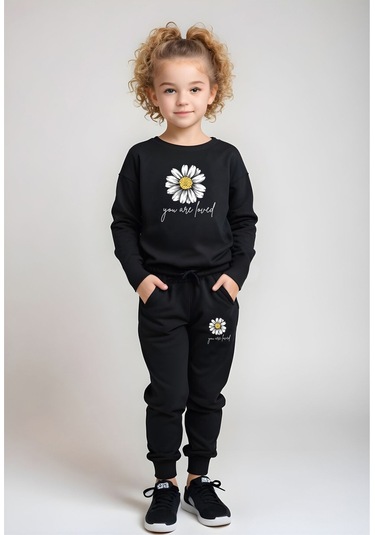 Fyk Kids Bel Detayı Lastikli Baskılı Kız Çocuk Alt-üst Takım Siyah