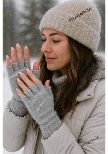 Peluş Kesik Parmak Eldiven Gri