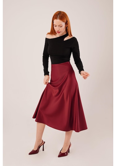 Çan Kesim Midi Bordo Saten Etek Bordo