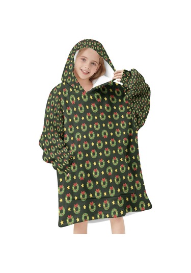 Noel Temalı 6-13 Yaş Çocuk Giyilebilir Battaniye Hoodie, Kalın Peluş, Büyük Boy-a25 Krem - Pembe