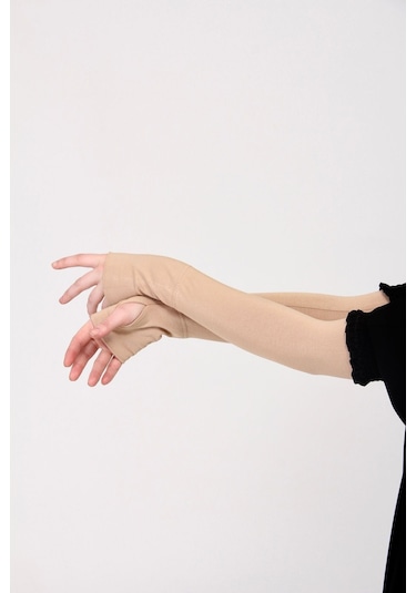 Parmak Geçmeli 45cm Likralı Penye Kolluk 1 Çift Bej