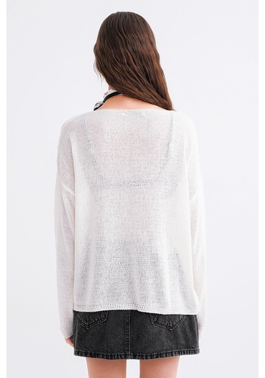 6933 Kadın Kayık Yaka İnce Mevsimlik Triko Kazak Beyaz Beyaz