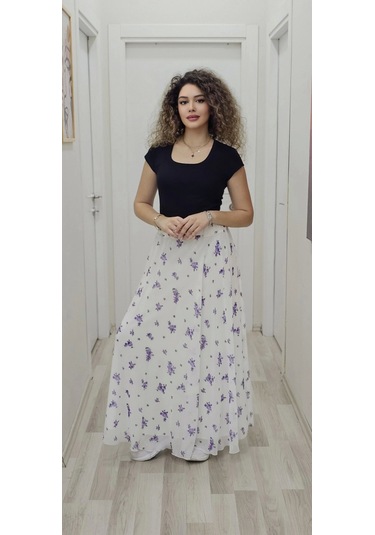 Bel Lastikli Kloş Şifon Etek 6003-beyaz/lila Beyaz/lila Beyaz - Lila