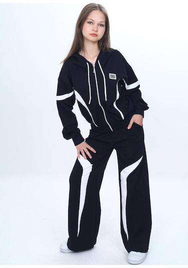 Kız Çocuk %100 Pamuk Garnili Kapüşonlu Fermuarlı Oversize Alt&üst Trend Eşofman Takımı-315-eşt-0003 Siyah