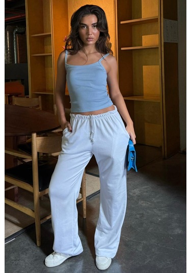 Beyaz Geniş Paça Basic Kadın Eşofman Altı Mg2553 Beyaz