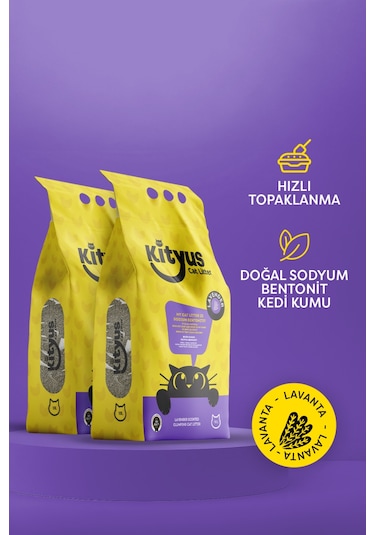 Kityus İnce Taneli Tozsuz Topaklanan Lavanta Kokulu Bentonit Kedi Kumu 2 x 10 L