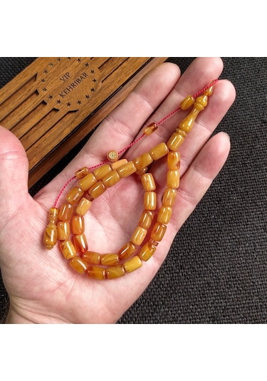 İmzalı 7X11 mm Sarı Hareli Sıkma Kehribar Tesbih Usta İşçilikli