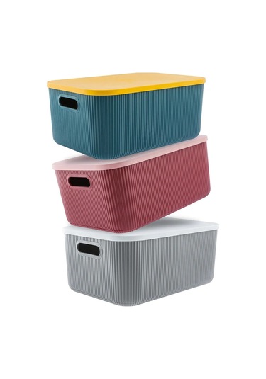 Bayev 3 Adet 13 Litre Storage Mix Dolap Düzenleyici Kapaklı Kutu - Kıyafet Çorap Saklama Kutusu Çok Renkli